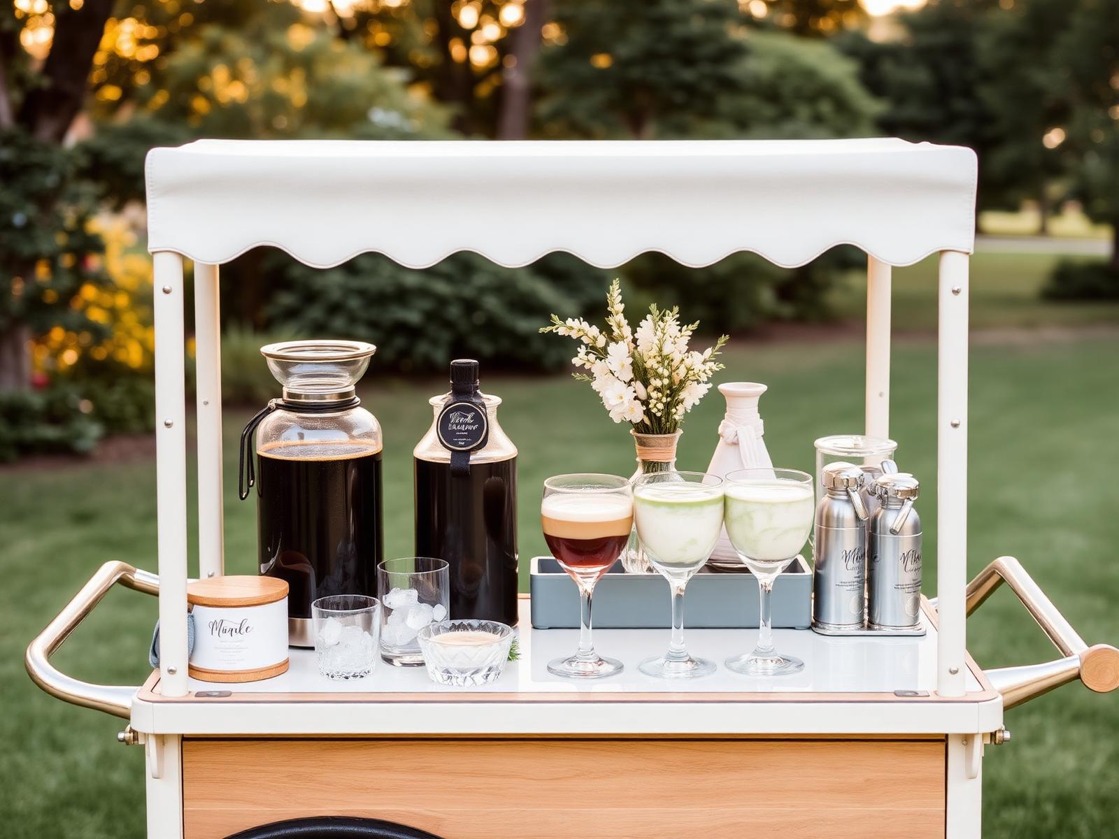 Styled mobile cold brew and matcha cart at an outdoor event